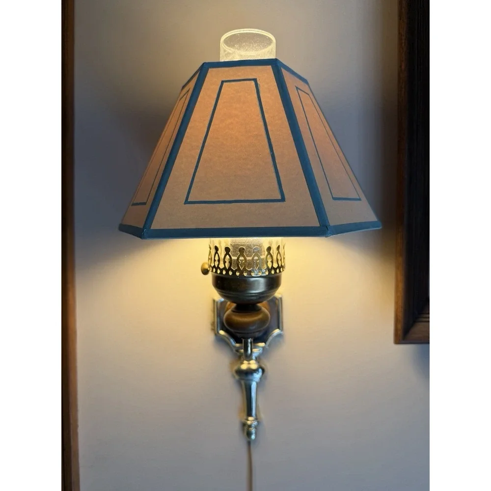 MCM Brass Plug In Sconce Lamp 1960s Atomic Brass Geometric Org Shade Vintage